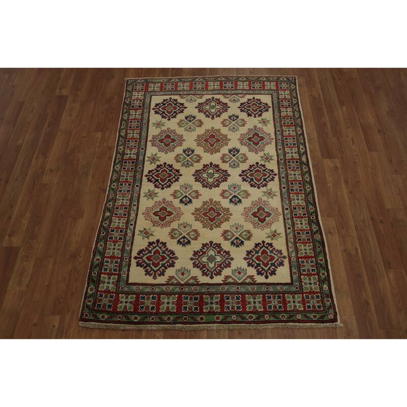 Hand Knotted Oriental 100% Wool Carpet Traditional Geometric Beige & Ivories Kazak Area Rug - 4' 11'' X 3' 4''