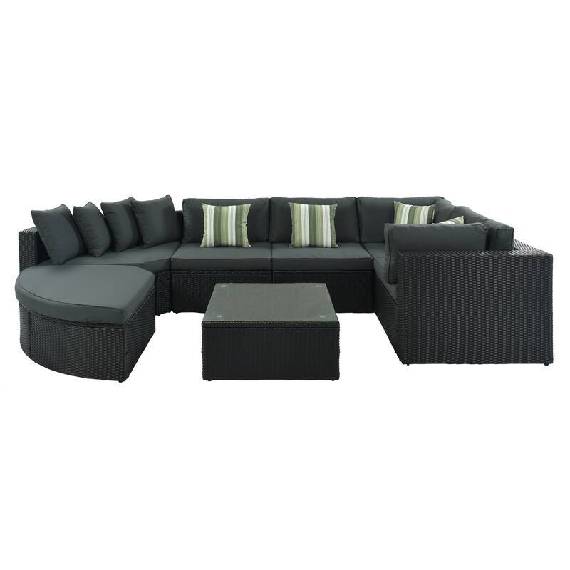 Gray PE Wicker Outdoor Conversation Sofa Set with Green Striped Pillows