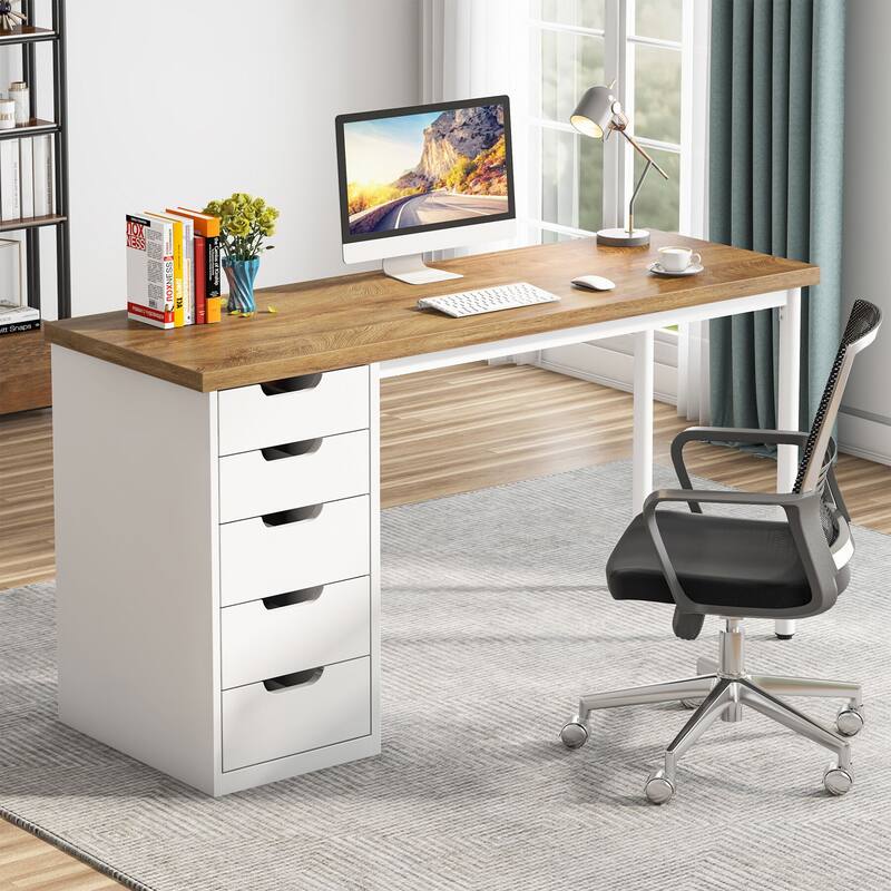 Computer Desk with 5 Drawers, 47 inches Rustic Brown Home Office Desk