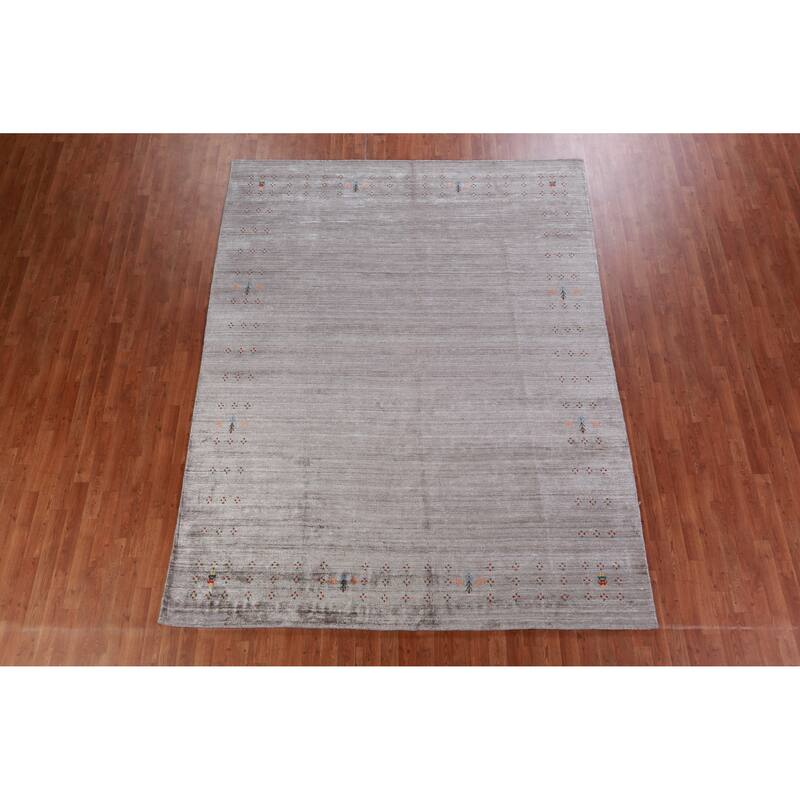 Hand Knotted Oriental 100% Wool Carpet Tribal Stripe Greys & Charcoal Gabbeh Area Rug - 9' 11'' X 7' 9''