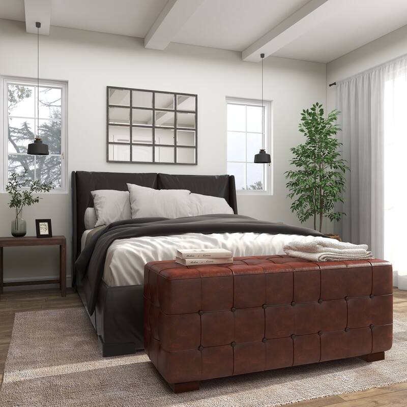 Brown Leather Tufted Upholstered Home Bench with Block Feet