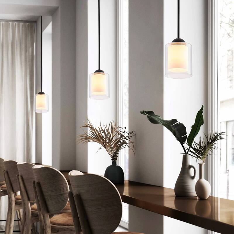 Modern 1-Light Pendant with Cylinder Clear Glass Shade Outer and White Shade Inerior