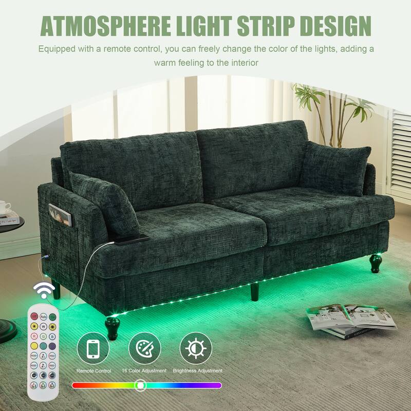 Modern Style Chenille 2-Seater Wood-Legged Sofa With Led Light,USB Charging Port And Storage Bag Living Room Bedroom Study Room