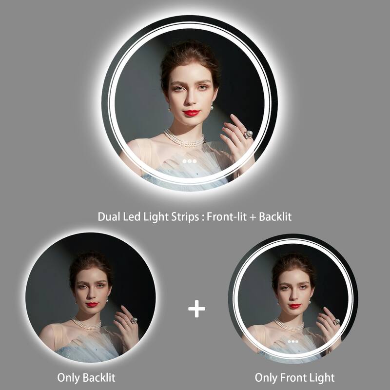 Large LED Bathroom Mirror Round Dual Light Frameless Vanity Anti-Fog