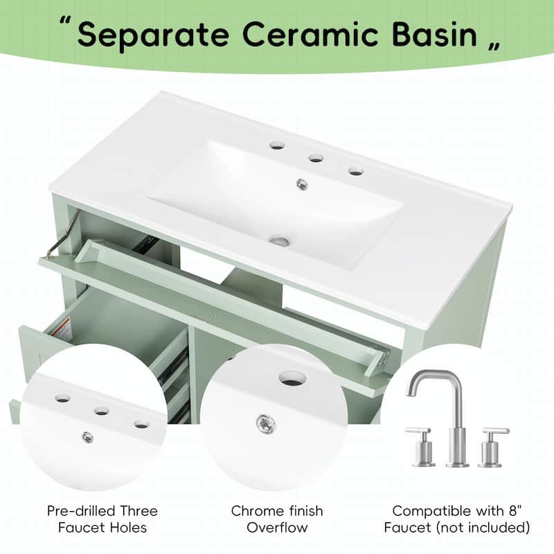 Bathroom Vanity with Sink, Modern MDF and Rubberwood Cabinet with 3 Drawers and Adjustable Shelf