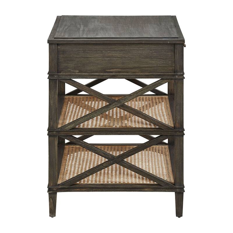 Cambridge Double Shelf Elm & Cane Side Accent Table with Storage Drawer