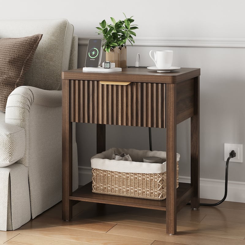 Nightstand with Drawers Fluted Bedside Table with Charging Station - Walnut