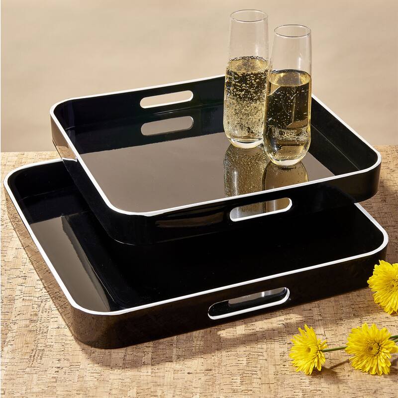 Black Square Set Of 2 Trays with White Rim
