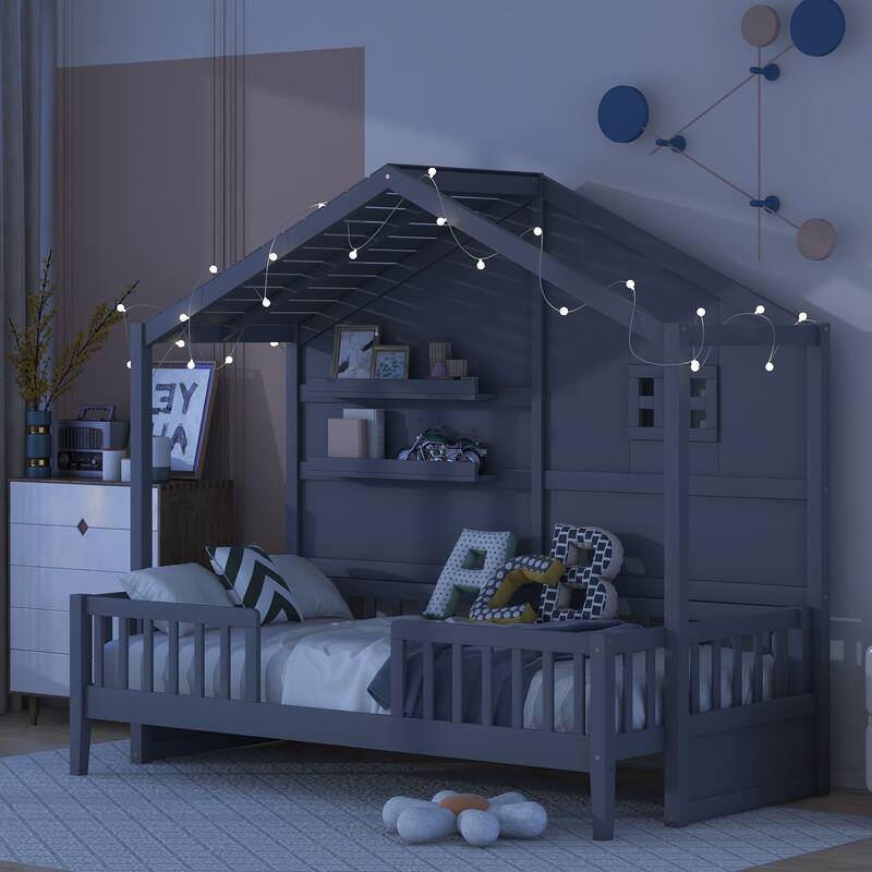 Grey Twin House Bed with Shelves, Window, Light Strip, Easy Assembly