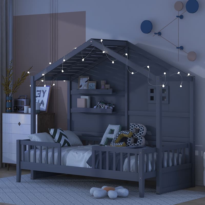 Twin Size House Bed with Shelves & Sparkling Light Strip On the Roof