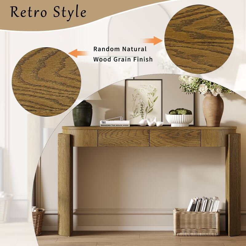 Entryway Table with Natural Wood Grain Finish, Console Table with Fluted Design, Oval Top and 2 Drawers