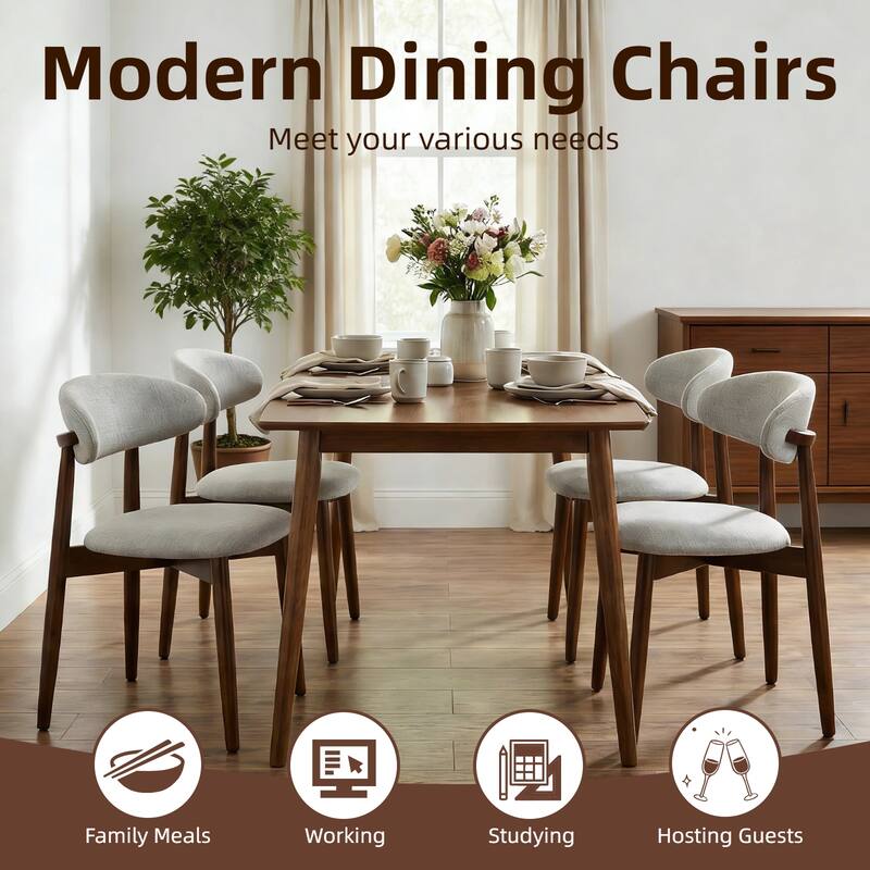 Wooden Dining Chairs Set of 2, Modern Fabric Upholstered Dining Room Chair with Curved Back, with Adjustable Foot Pads