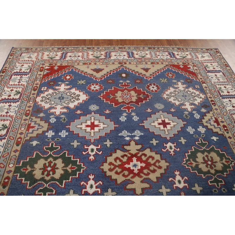 Blue Geometric Kazak Oriental Area Rug Handmade Wool Carpet - 7'10" x 9'9"