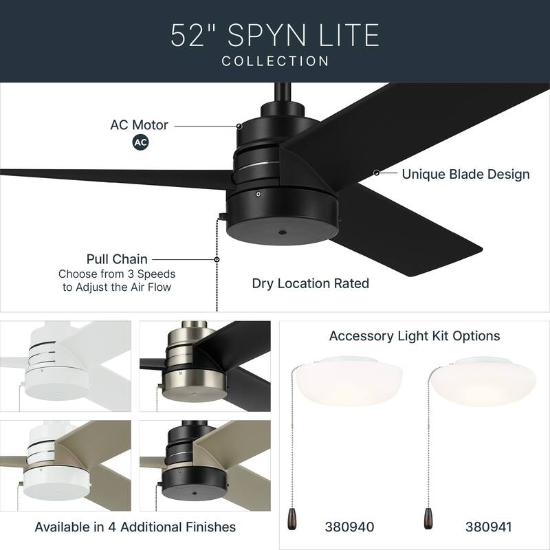 52 Inch Spyn Lite Fan in Black with Black Blades