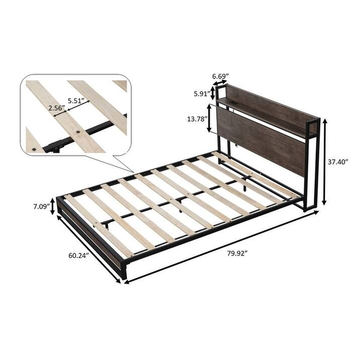 Mocha Wood Queen Platform Bed with Builtin Socket, Fast Assembly, and