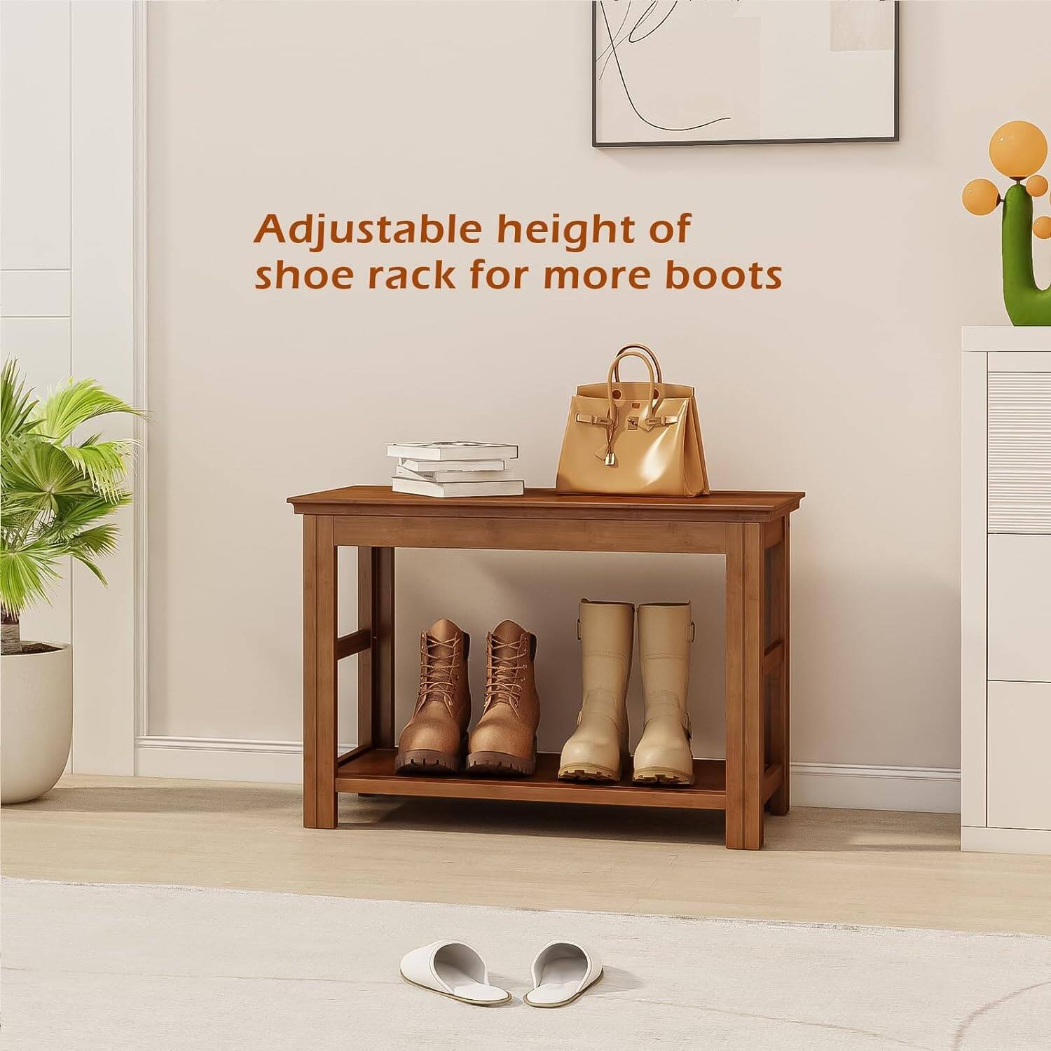 3 Tier Bamboo Entryway Storage Benches Rustic Solid Wood Shoe Rack