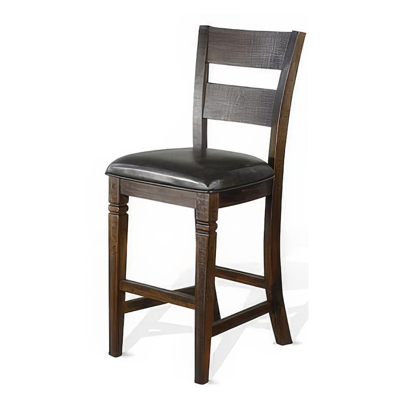 Flint Barstool Chair, Set of 2, Ladderback, Black Vinyl, Dark Brown Mahogany