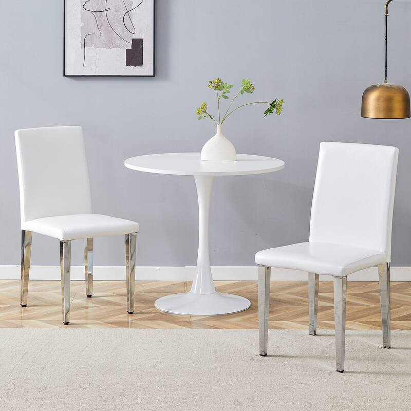 Home Dining Chair with Backrest Leather Upholstered Dining Chair Decorative Side Chair Dining Room Chair, Set of 2 - White+Silver