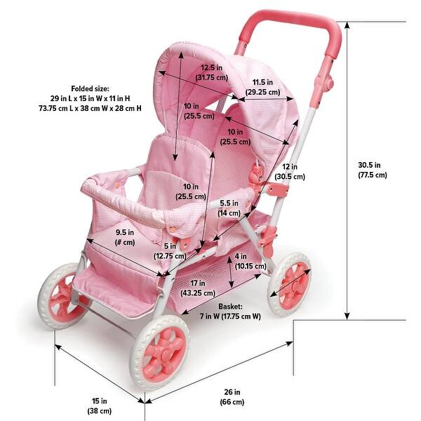 Badger Basket Folding Double Front-to-Back Doll Stroller - Pink/Gingham