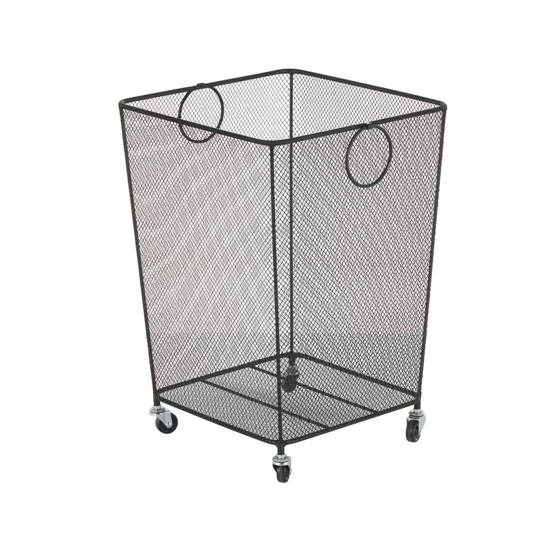 Metal Square Mesh Wire Rolling Laundry Storage Cart with Ring Handles - Black or Gold - Roche River Decor