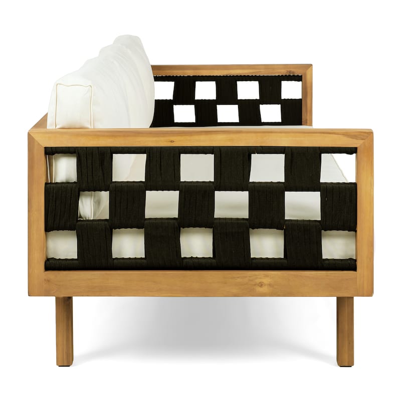 Christopher Knight Home - Modern Outdoor Patio Acacia Wood 3-Seater Daybed Sofa with Cushions, Rope Square Armrest & Teak Finish