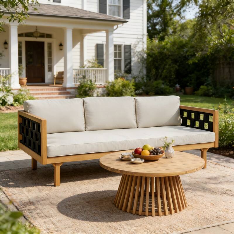 Christopher Knight Home - Claremont Outdoor Acacia Wood Three-Seater Daybed and Round Coffee Table Set