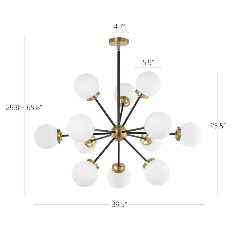 Modern Chandelier Sputnik Black Brass 12-Light Opal Glass
