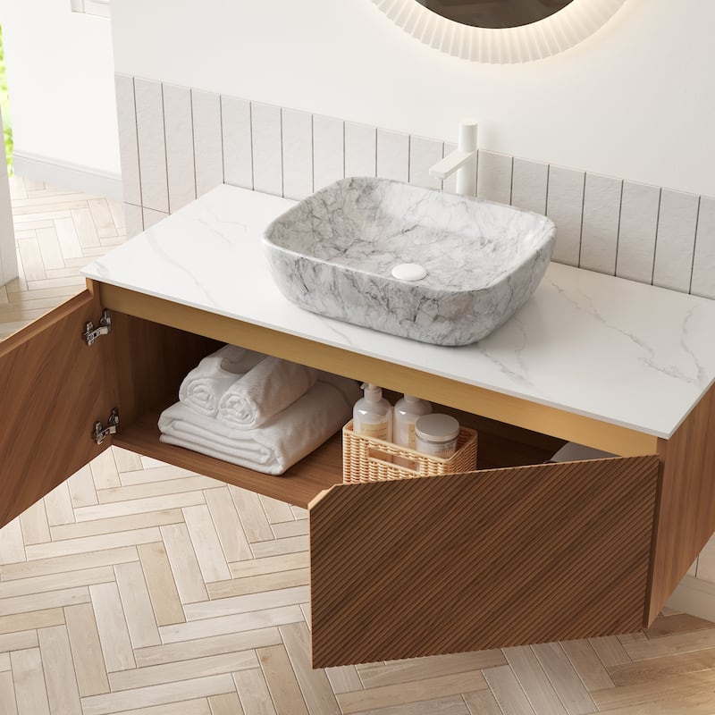 GDFStudio - Ruben Modern Floating Bathroom Vanity with Twill Double Doors & Vessel Basin, WITHOUT Faucet - 48" - Stone Gray