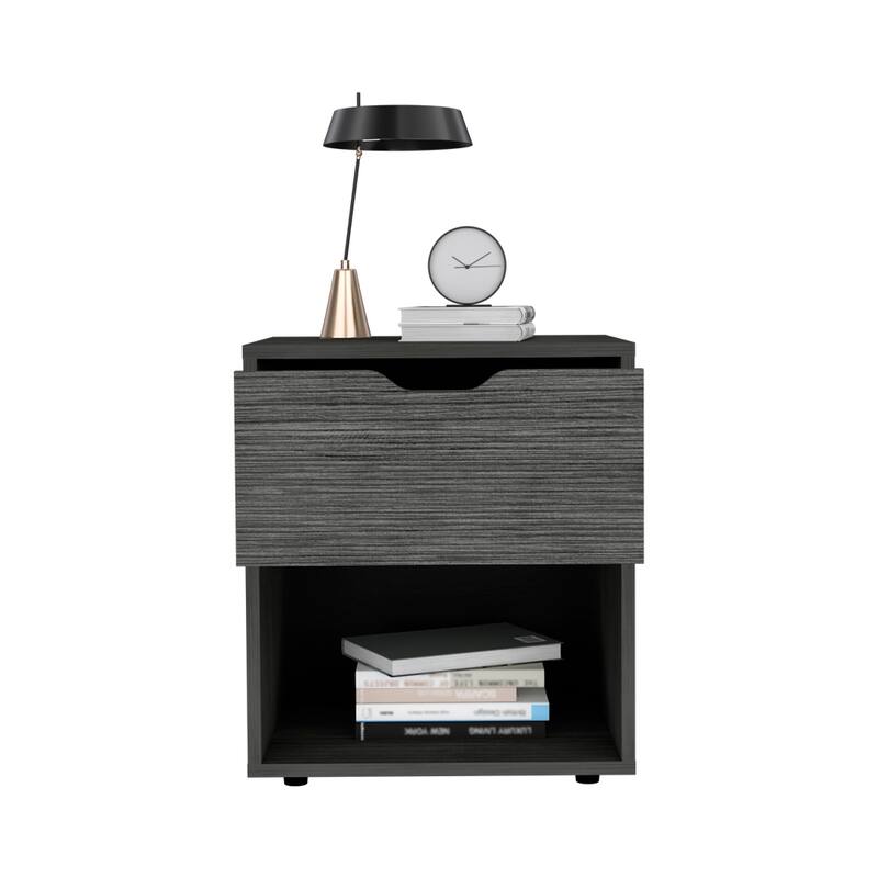 Sleek Light Gray Nightstand with Storage Shelf and Drawer