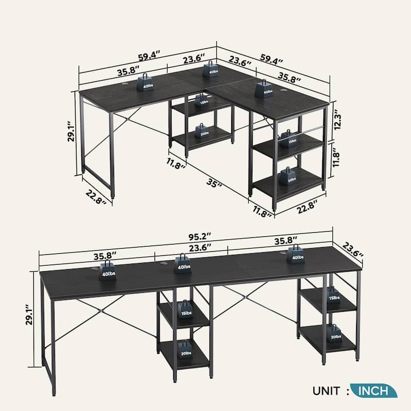 95.2 Inch L Shaped Desk with Shelves Home Office Computer Desk