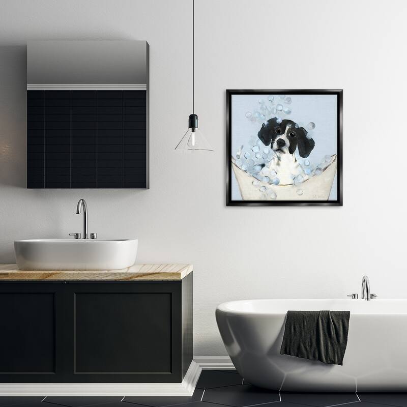 Stupell Black & White Puppy in Tub Framed Floater Canvas Wall Art Design By Sally Swatland