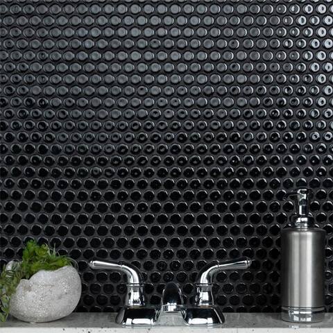 Merola Tile Hudson Penny Round Glossy Black 12" x 12.63" Porcelain Mosaic Tile