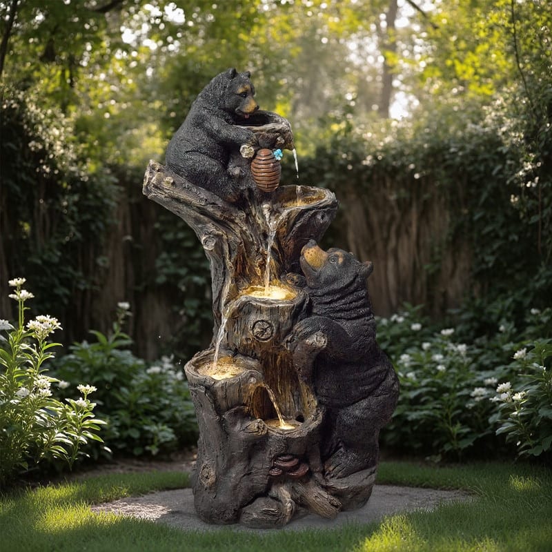 Vbal Resin Bears and Honeycomb 4-Tier water extraction Outdoor Fountain with LED Light