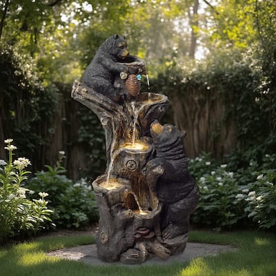 Vbal Resin Bears and Honeycomb 4-Tier water extraction Outdoor Fountain with LED Light