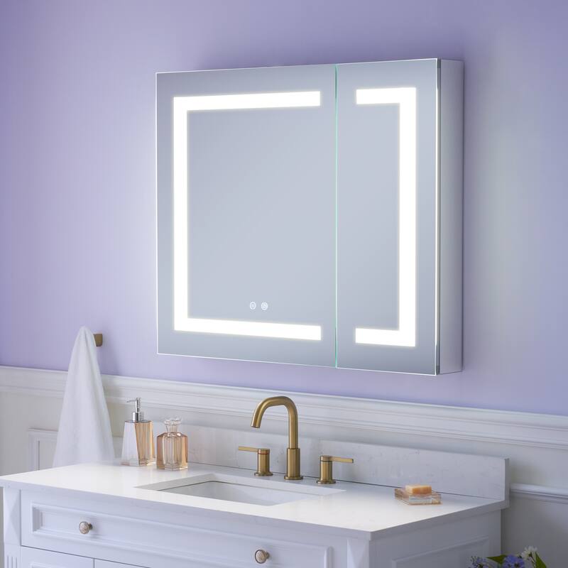 30" H Recessed or Surface LED Mirror Cabinet with Adjustable Glass Shelves,Defogger, Dimmer And Outlets & USB Ports