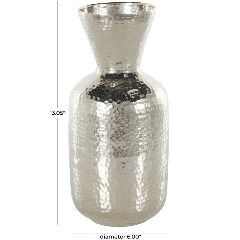 Silver Aluminum Metal Hammered Decorative Vase with Cone Shaped Opening