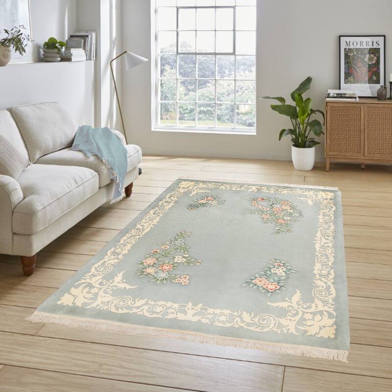 Gertmenian Oriental Estate Traditional Oriental Floral Border Metallion Hand Knot Wool Area Rug Collection - Château Sky - 4x6
