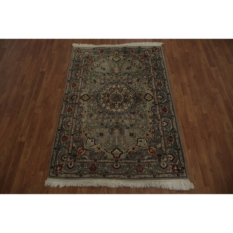 Hand Knotted Oriental 100% Wool Carpet Traditional Floral Greys & Charcoal Tabriz Area Rug - 6' 1'' X 4' 1''