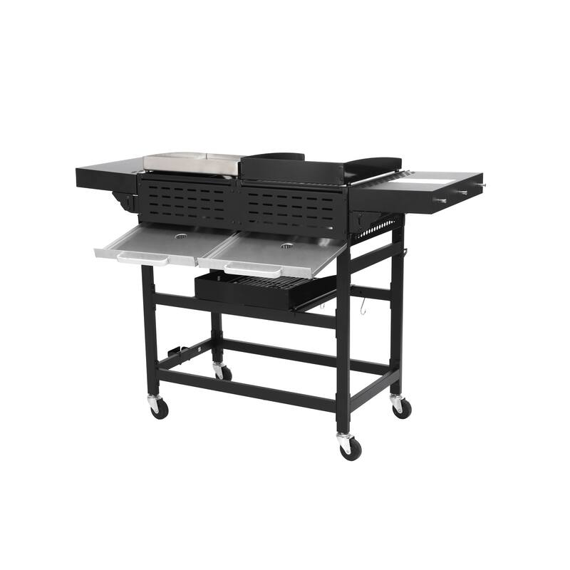 2+2 Gas Grill with Plancha 56.5 Inch Black Stainless Steel 38200 BTU Outdoor BBQ