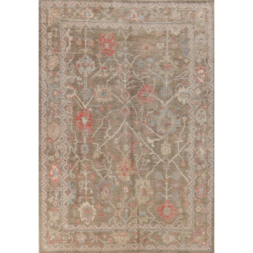Hand Knotted Oriental 100% Wool Carpet Transitional All-Over Brown Oushak Area Rug - 8' 11'' X 6' 2''