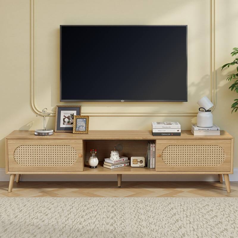 Boho TV Stand for TVs Up to 80", Media Console Entertainment Center with Solid Wood Legs