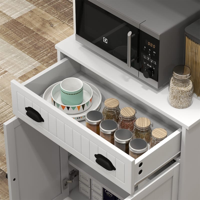 Microwave Cabinet w/ Drawer, Double Door Cabinet and Adjustable Shelf