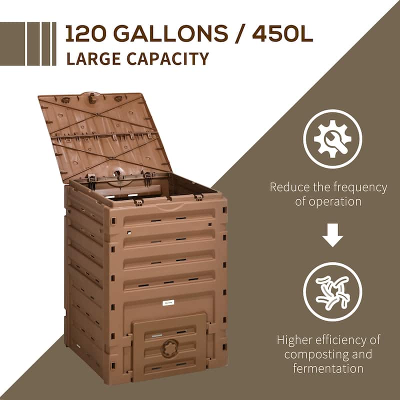 Outsunny Garden Compost Bin, 120 Gallon (450L) Garden Composter with 80 Vents and 2 Sliding Doors, Lightweight & Sturdy