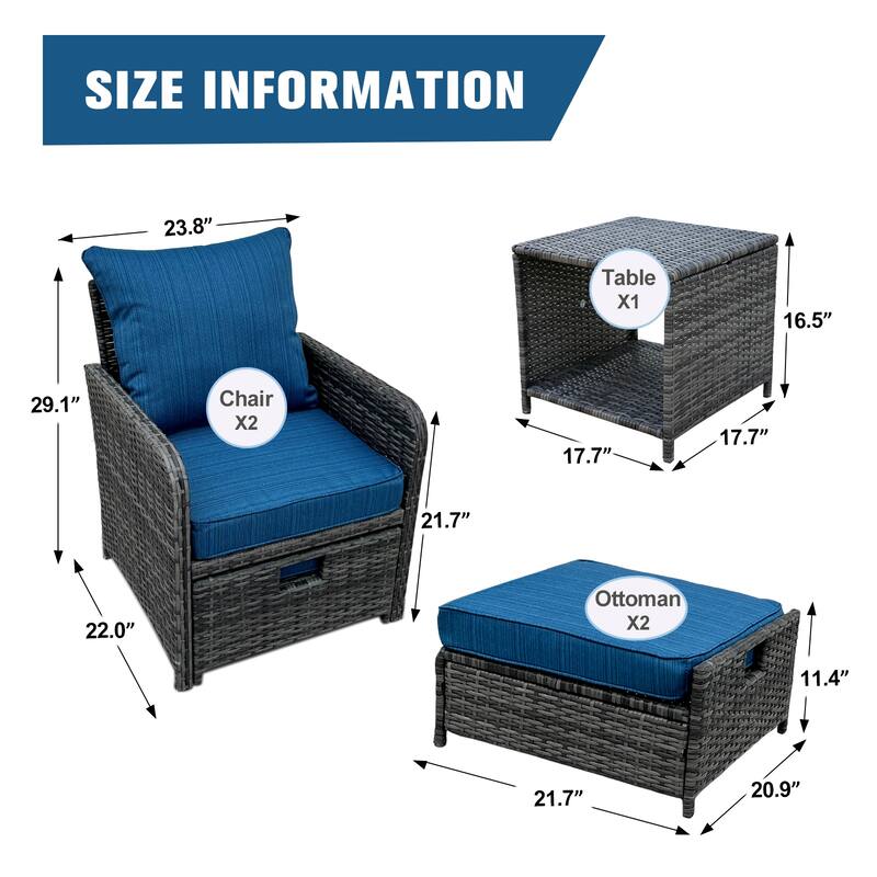 5-Piece Wicker Patio Chair Set with Ottomans and Coffe Table