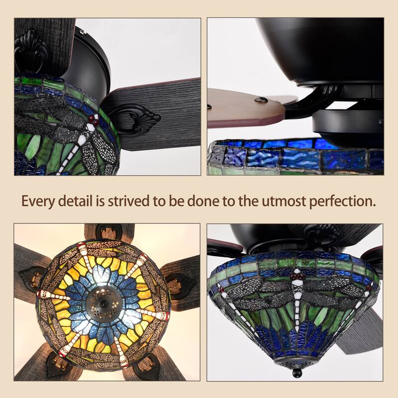 Penana 52-Inch Flushmount Lighted Ceiling Fan Green Blue Dragonfly Tiffany Glass Lamp Black Finish