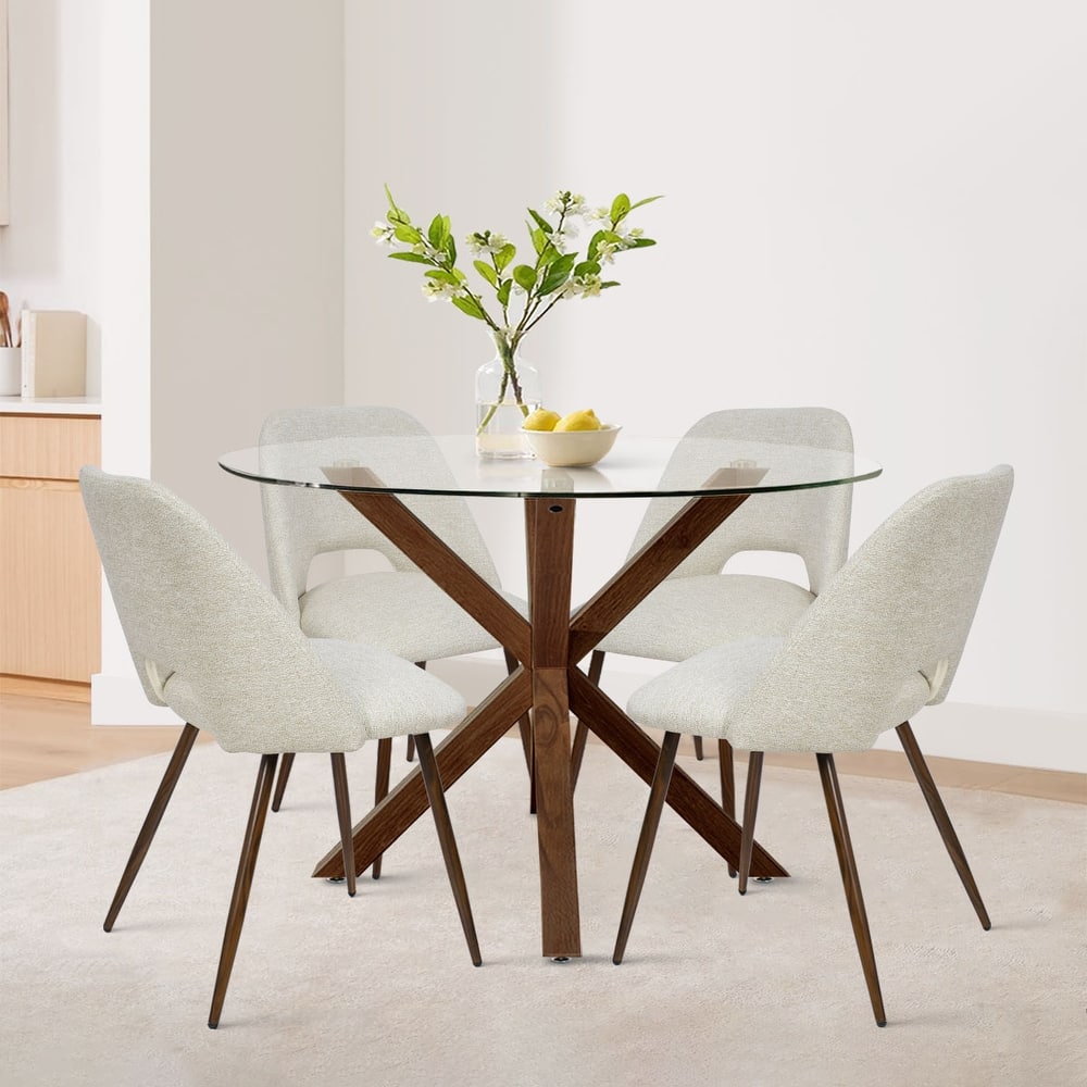 5 Piece Glass Walnut Dining Table Set