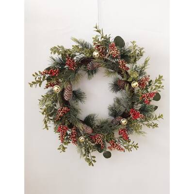 20" Artificial Christmas Wreath with Bells for Front Door Holiday Decorations - Green&Red