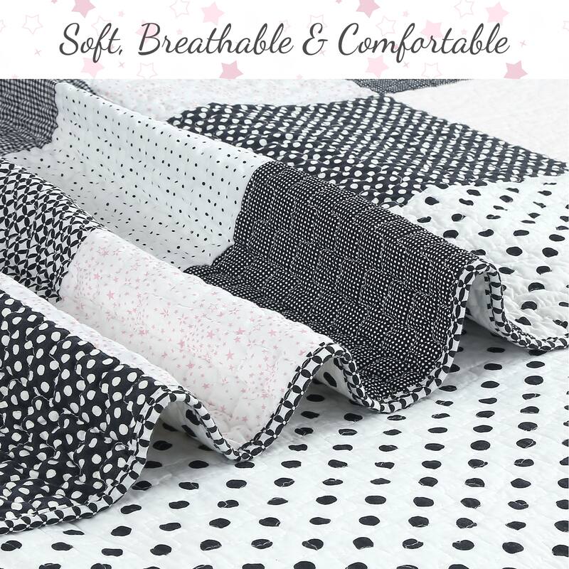 Cozy Line Halftone Black White & Subtle Pink Polka Dot Patchwork Cotton Quilt Bedding Set