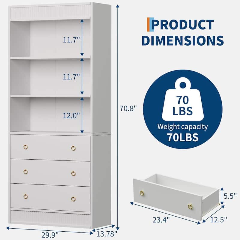 70.8 Inch 6 Tier Fluted Bookshelf Storage Drawers Bookcase for Living Room, Office, Bedroom