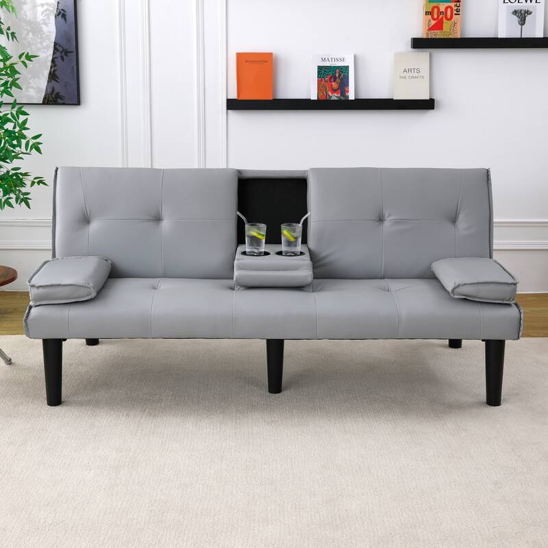 Convertible Loveseat Couch Adjustable Faux Leather Sleeper Sofa Bed with Coffee Table, Cup Holders and Removable Pillow Armrests